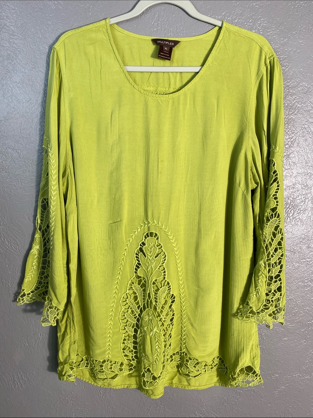 Multiples Crochet Lace Tunic Top Women's XL Lime Green Boho Lagenlook Artisan
